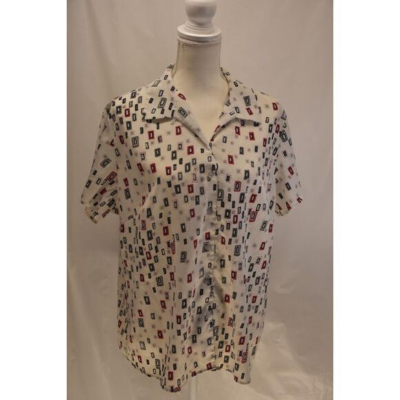 Laura Scott Tops - 80S LAURA SCOTT 18W - RED/GREY GEOMETRIC BLOUSE - A-43
